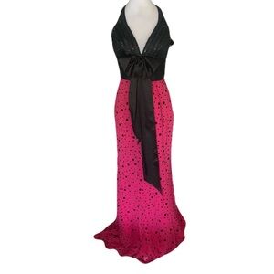 Tiffany Designs 4 Hot Pink & Black Polka Dot Beaded Halter Top Maxi Dress Prom